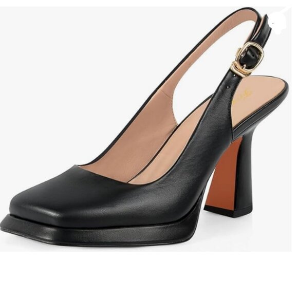 FOWT Shoes - FOWT Black Platform Square Toe Pumps Block High Heels Slingbacks Work Shoes